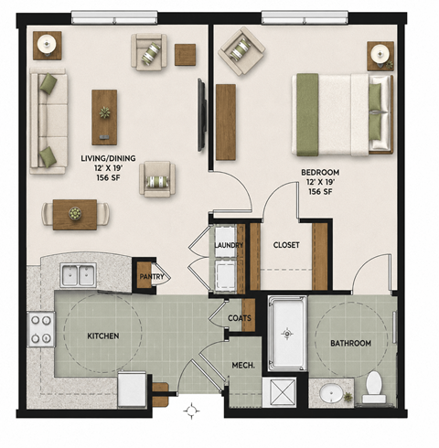 Floor plan for 1 bed, 1 bath, 658 sqft